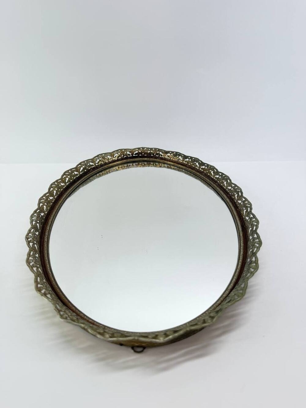 Vintage Round Wall Mirror Ornate Gold Tone Filigree Metal Floral Frame